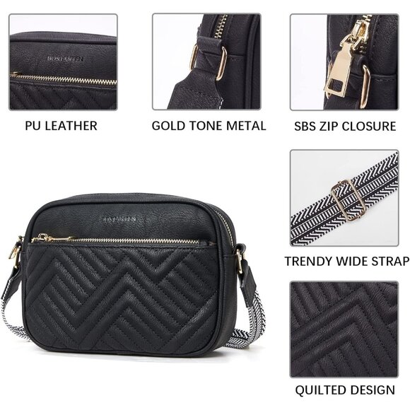 Bostanten Women Black PU leather Small Quilted Crossbody Bags With Wide Strap - Picture 5 of 8